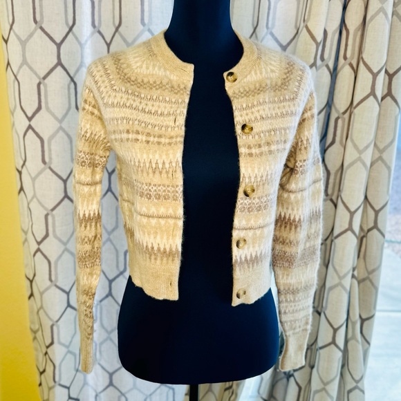 EUC White + Warren Warm Neutral Cashmere Fair Isle Cardigan Sweater - Picture 7 of 13